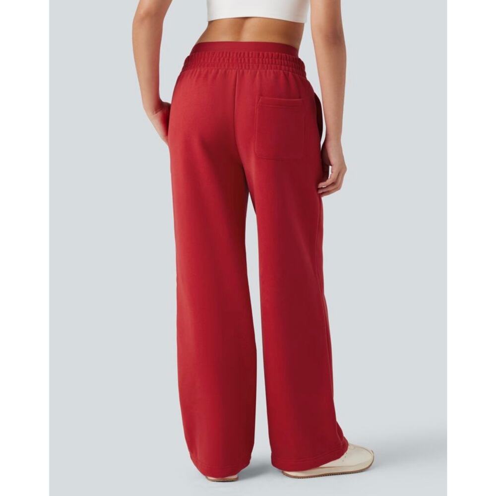NWT Halara Double Waistband Tummy Control Fleece Pants Women's XL Red Wide Leg - Picture 2 of 10